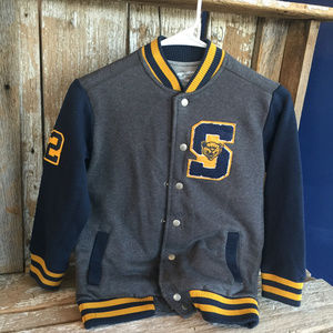 BOYS NAVY/GRAY/GOLD LETTER JACKET- Size S (6-7)